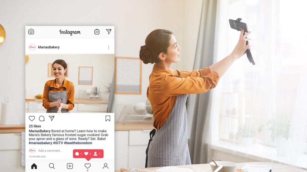 Woman filming herself baking for social media