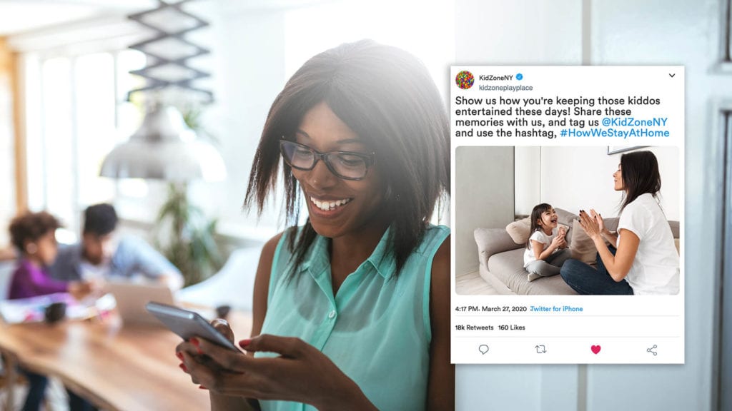 woman scrolling through social media with family at home